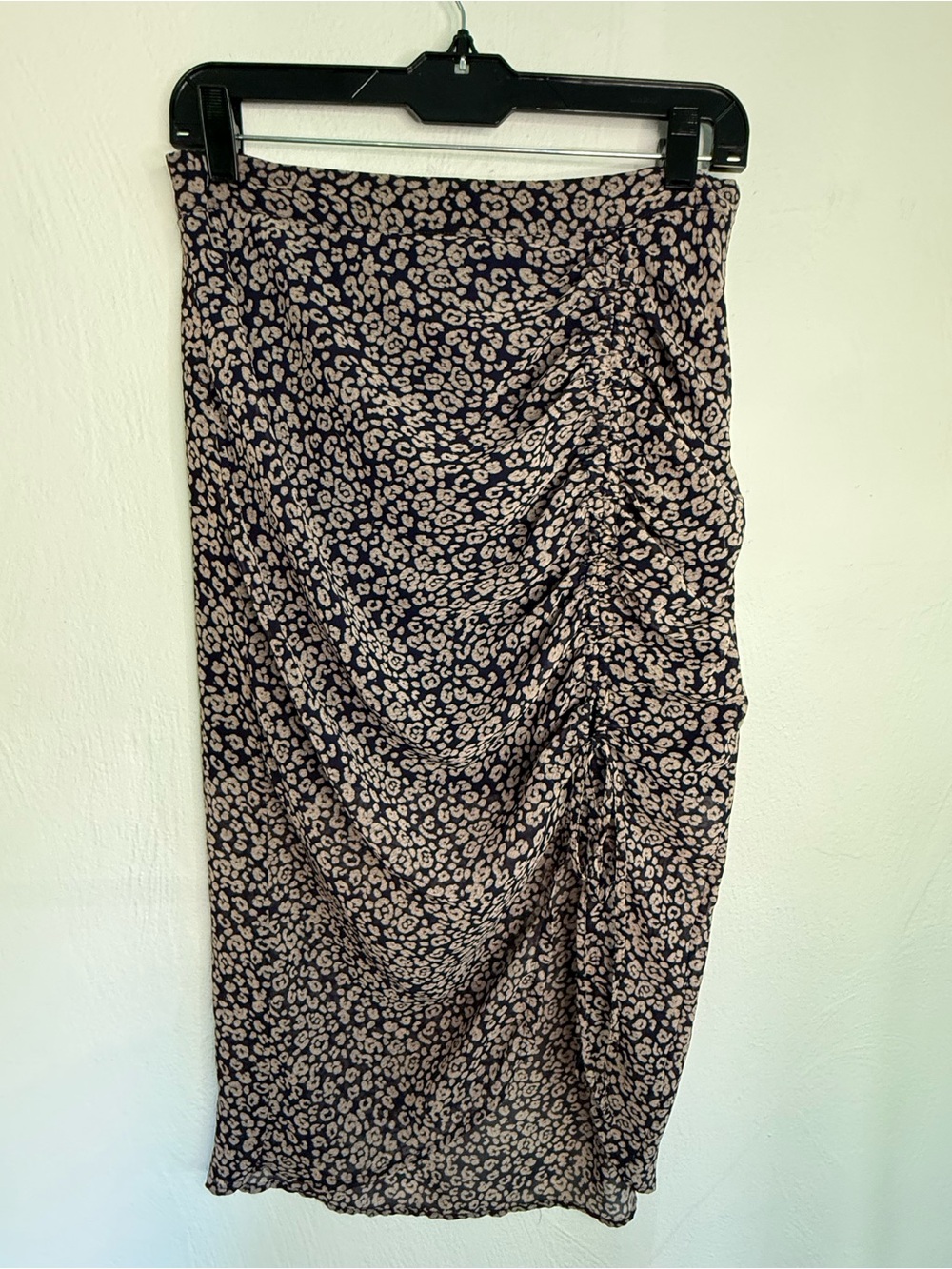 Rebecca Minkoff Navy and Beige Ruched Leopard-Print Midi Skirt